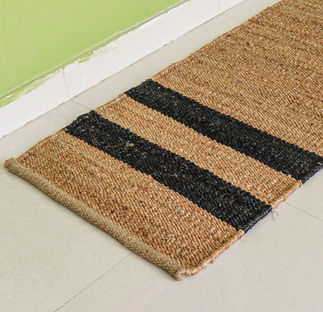 Beige Hemp Runner Jute Rug with Black Stripes Line Hand Loomed Bohemian Jute Hemp Runner Rug for Home Decor Vintage Hemp Jute Rug