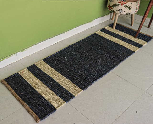 Custom Size Handwoven Black Jute Hemp Stair Runner Rug with Off White Stripes