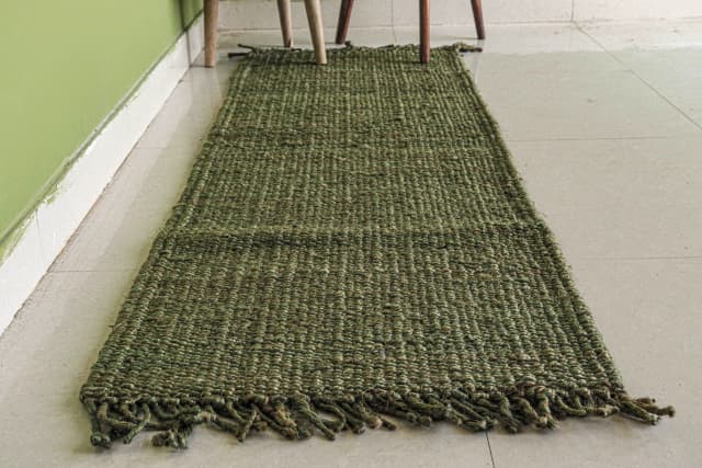 Indian Hand Woven Green Jute Hemp Runner Rug with Fringes