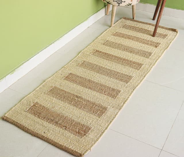 Off White with Beige Stripes Design Hand Woven Stair Decor Jute Hemp Runner Rug