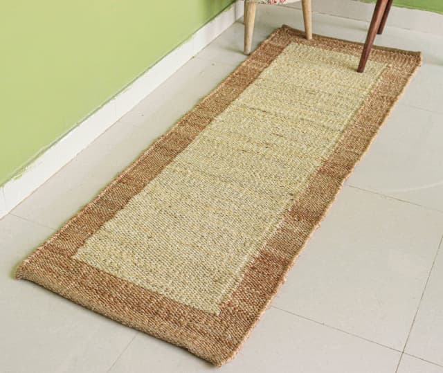 Indian Hand Loom Off White with Beige Border Jute Hemp Stair Runner Rug