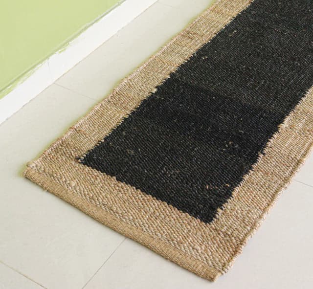 Custom Size Hand Woven Large Area Black with Beige Border Jute Hemp Runner Rug