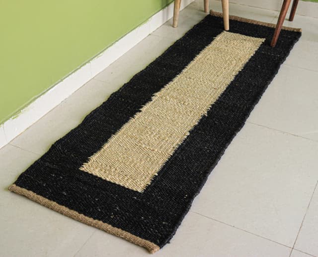 Off White with Black Border Indian Handwoven Bohemian Jute Hemp Runner Rug