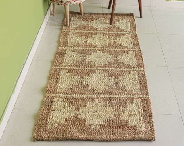 Indian Handmade Bohemian Natural Jute Hemp Runner Rug with Off White Design