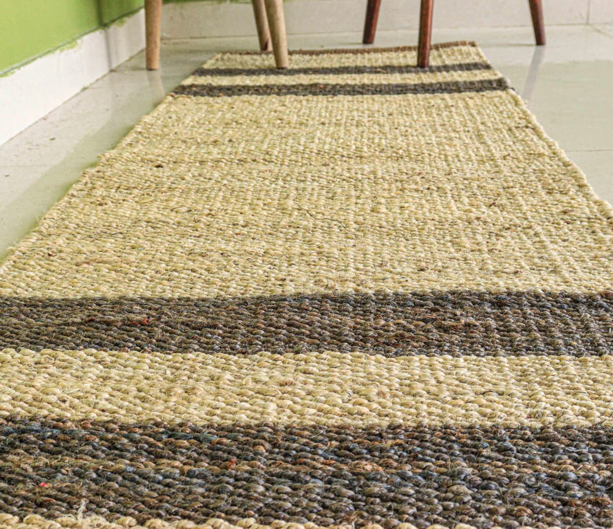 Indian Hand Loomed Off White Jute Hemp Runner Rug with Grey Stripe Line Vintage Runner Rug Handmade Hemp Runner Dhurrie Rug 