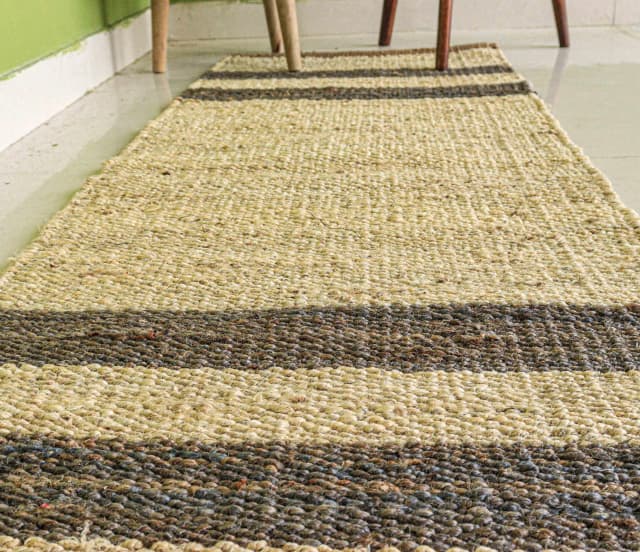 Indian Hand Loomed Off White Jute Hemp Runner Rug with Grey Stripe