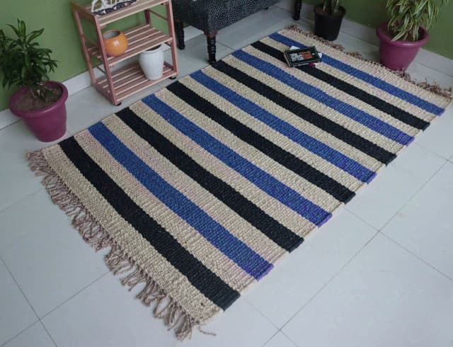 Handmade Off White Jute Hemp Rug For Living Area Decor With Blue and Black Stripes