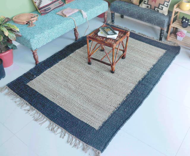 Custom Size Handwoven Large Area Off White Jute Hemp Rug with Navy Blue Border