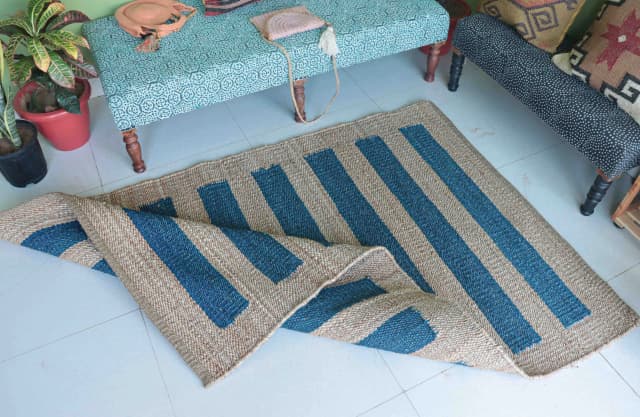 Custom Size Handwoven Beige with Blue Stripes Jute Hemp Rug for Living Room Area Bohemian Vintage Hemp Jute Rug Large Area Rug Traditional Rug 