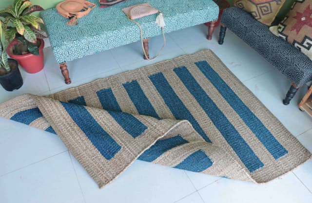 Custom Size Handwoven Beige with Blue Stripes Jute Hemp Rug for Living Room Area