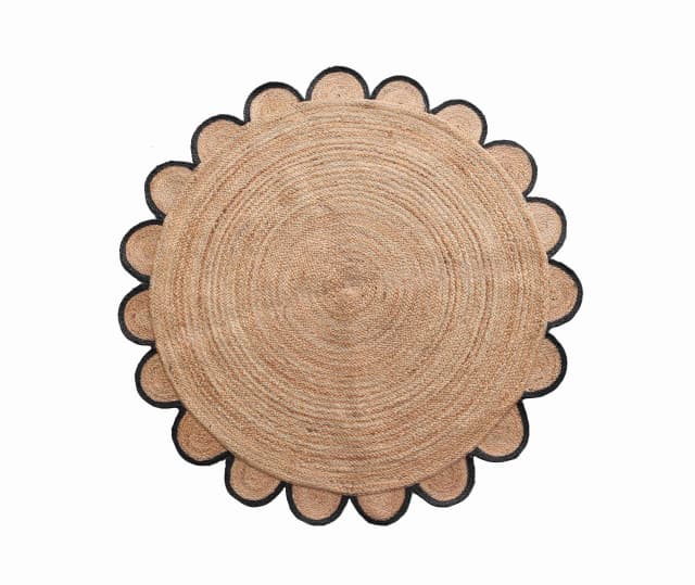 Handmade Braided Natural Jute Round Rug with Custom Color Scalloped Border