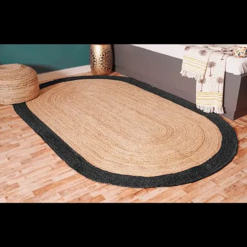 Hand Braided Oval Jute Rug Beige With Multicolor Border 