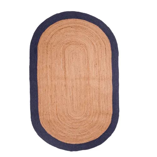 Traditional Indian Handmade Natural Braided Oval Jute Rug with Multicolor Border