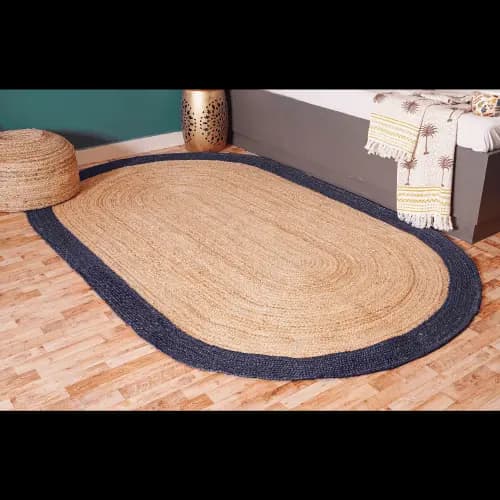 Traditional Indian Handmade Natural Braided Oval Jute Rug with Multicolor Border