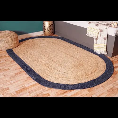 Traditional Indian Handmade Natural Jute Braided Oval Rug with Color Border