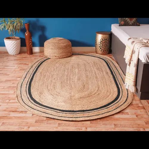  Handmade Braided Oval Jute Rug Beige With Multicolor Border 