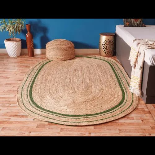Hand Braided Oval Jute Rug Beige With Multicolor Border 