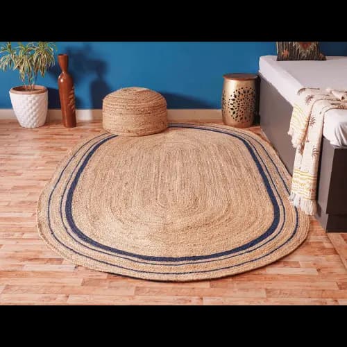 Hand Braided Oval Jute Rug Beige With Multicolor Boeder