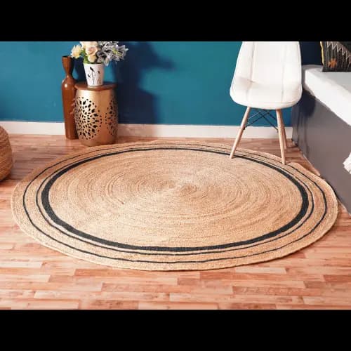 Beige with Multicolor Border Handmade Natural Jute Braided Round Rug