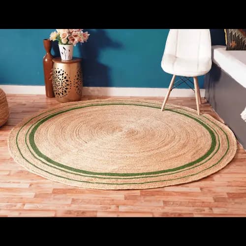 Hand Braided Natural Jute Boho Round Rug with Multicolor Border