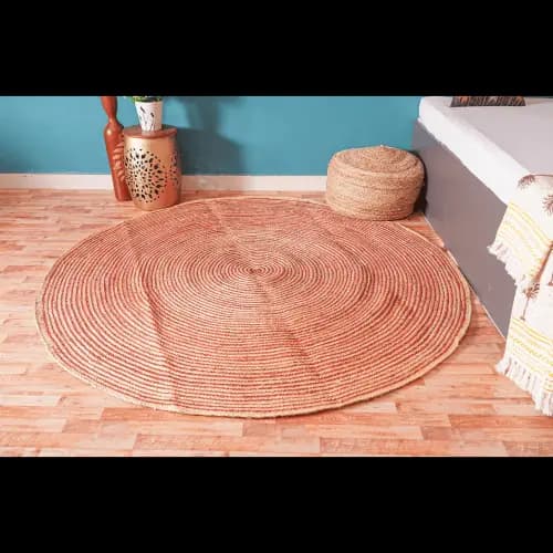 Beige with White and Red Stripes Hand Braided Jute Area Round Rug