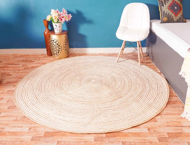 Beige with White and Red Stripes Hand Braided Jute Area Round Rug