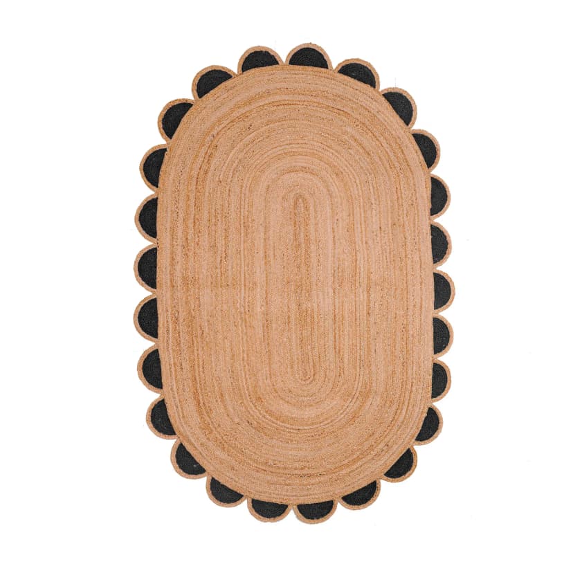 Traditional Indian Hand Braided Color Scalloped Natural Jute Oval Rug