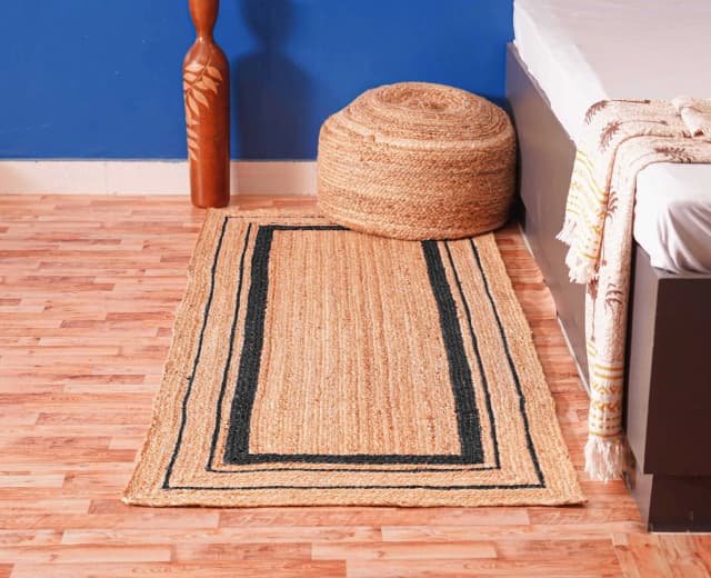 Hand Braided Natural Jute Runner Rug with Triple Line Color Border