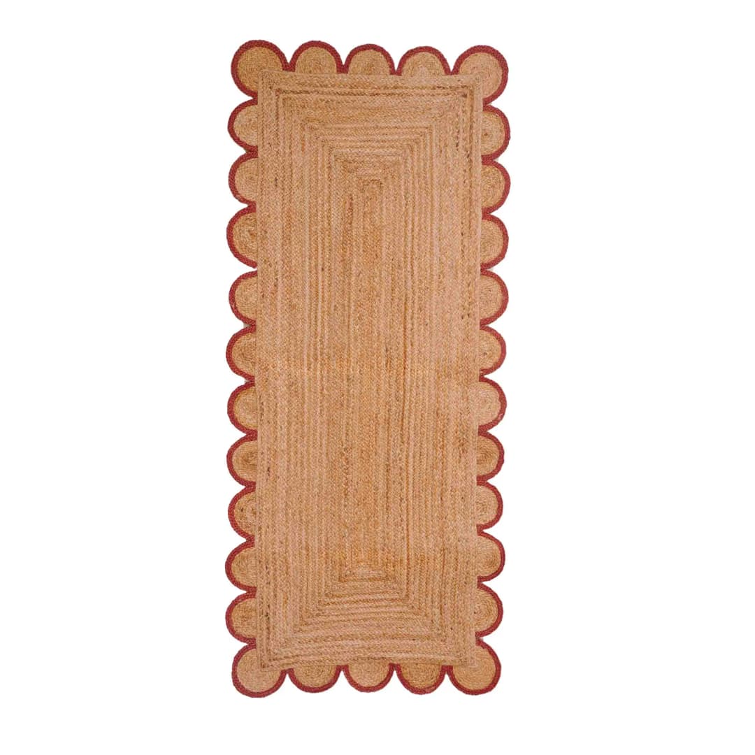 Scalloped Hand Braided Bohemian Natural Jute Runner Rug with Red and White Border