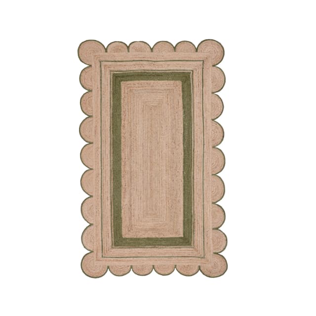 Beige with Custom Color Border Handmade Jute Braided Rectangle Scalloped Rug