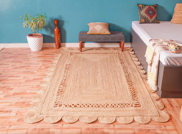 Scalloped Handmade Natural Jute Braided Eco Friendly Home Decor Boho Rectangle Rug