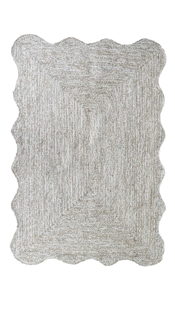 Handmade Scalloped Beige White and Grey Tie Dye Braided Rectangle Jute Rug
