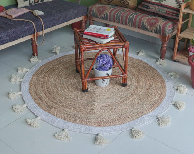 Beige with White Border and Fringes Handmade Bohemian Jute Braided Round Rug