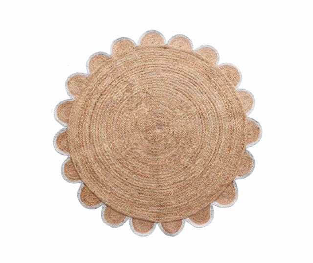 Indian Handmade Natural Jute Braided Round Rug with Color Scallop Border