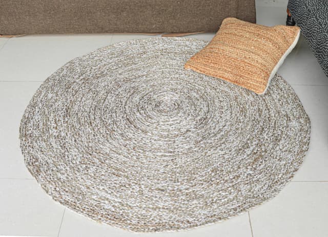 White Beige and Grey Custom Size Handmade Jute Braided Round Rug