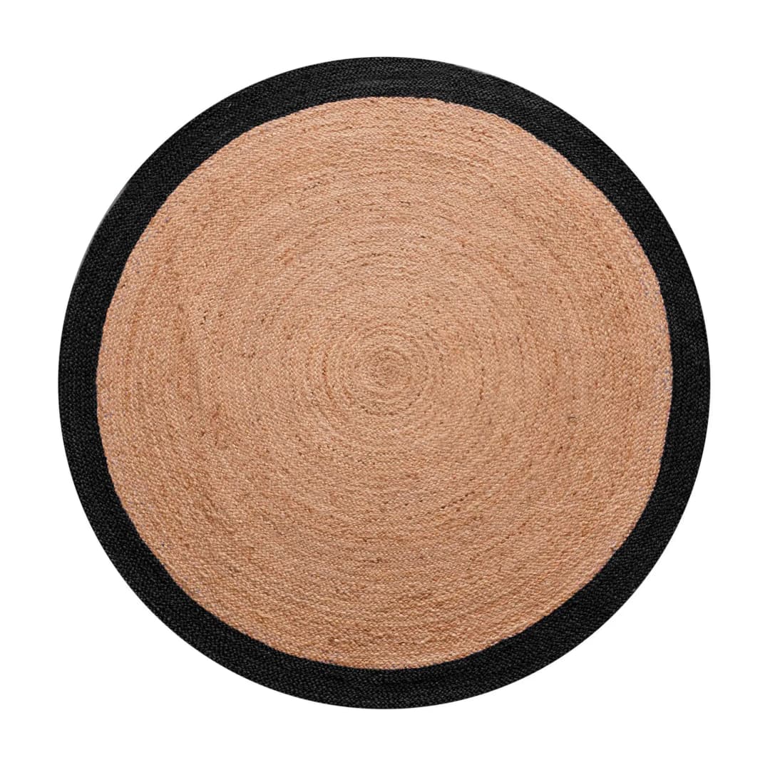 Traditional Indian Hand Braided Bohemian Round Jute Rug Beige with Multicolor Border 