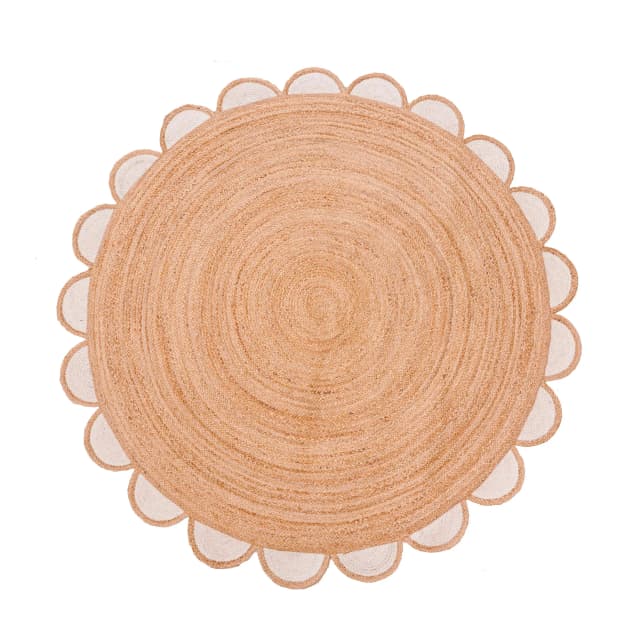 Indian Village Hand Braided Natural Round Jute Rug with Custom Color Scallop pattern