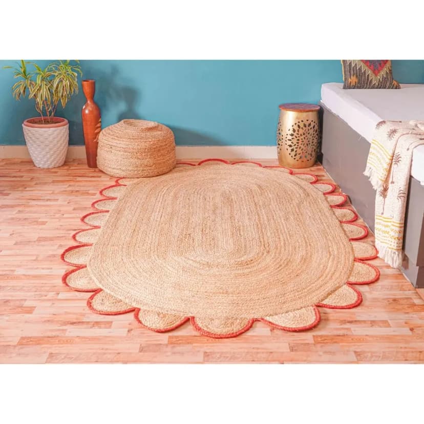 Hand Braided Scalloped Oval Jute Rug Beige With Red And White Border