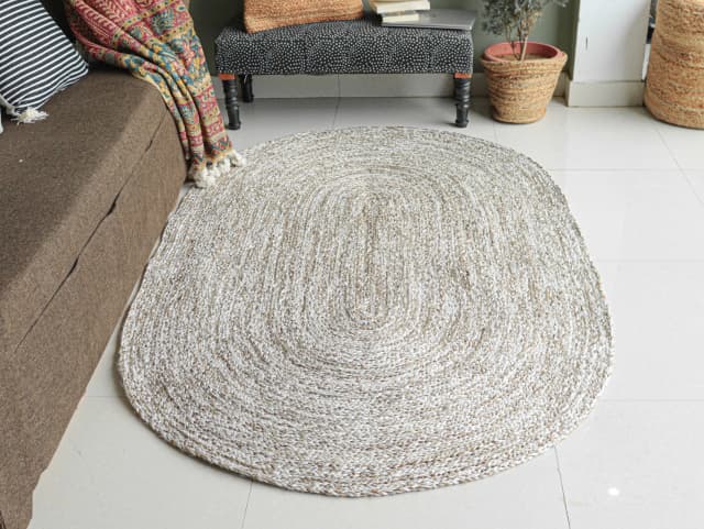 Beige White and Grey Tie Dye Handmade Jute Braided Oval Rug