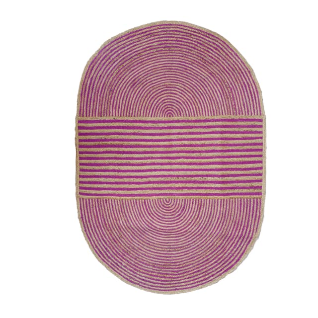 Traditional Indian Hand Braided Oval Jute Rug Beige with Customized Color Stripes
