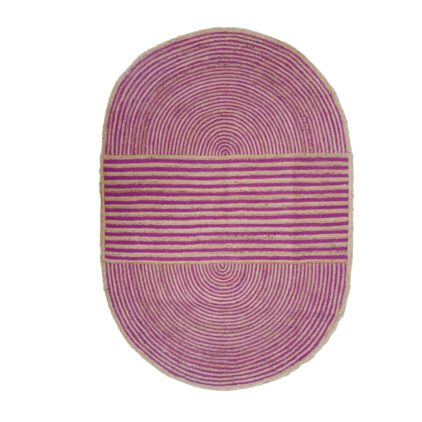 Traditional Indian Hand Braided Oval Jute Rug Beige with Customized Color Stripes