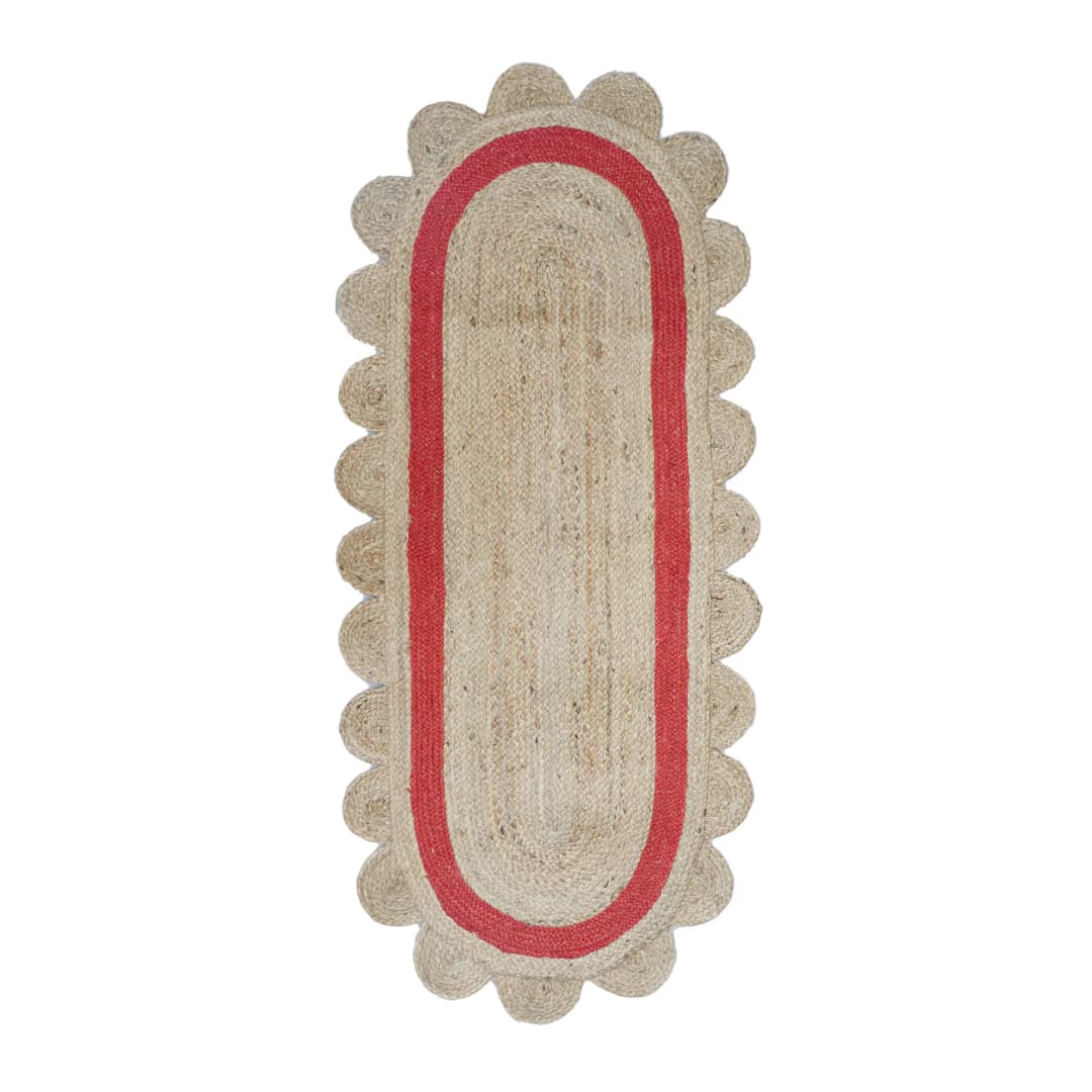 Hand Braided Scalloped Oval Jute Rug Beige with Customized Color Border