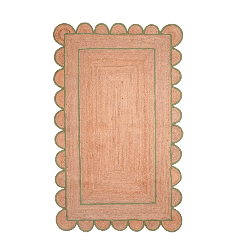 Hand Braided Rectangle Jute Rug Beige with Customized Color Scallop Border 