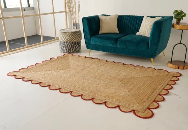 Hand Braided Rectangle Jute Rug Beige With Customized Color Scallop Border 