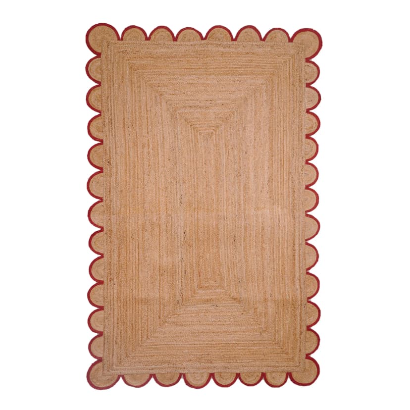 Hand Braided Rectangle Jute Rug Beige With Customized Color Scallop Border 