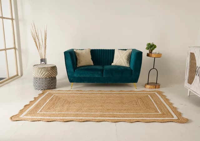 Hand Braided Rectangle Jute Rug Beige with White and Red Two Line Border 
