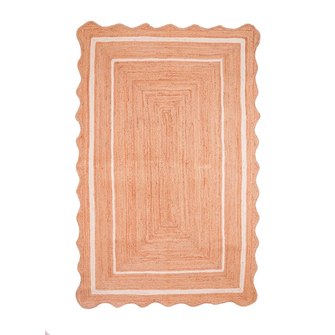 Hand Braided Rectangle Jute Rug Beige with White and Red Two Line Border 