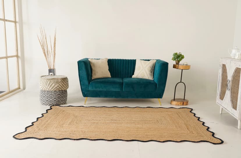 Hand Braided Scalloped Pattern Rectangle Jute Rug Beige with Customized Color Border 