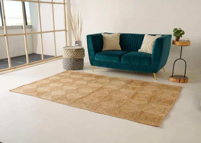 Decorative Handmade Beige with Box Pattern Jute Braided Rectangle Rug