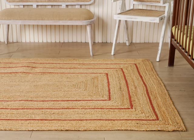 Hand Braided Rectangle Jute Rug Beige With Triple Line Red Border